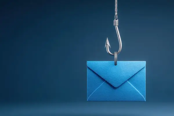 Ein blauer Brief wird von einem Angelhaken hochgehalten, ein Symbol für Social Phishing.